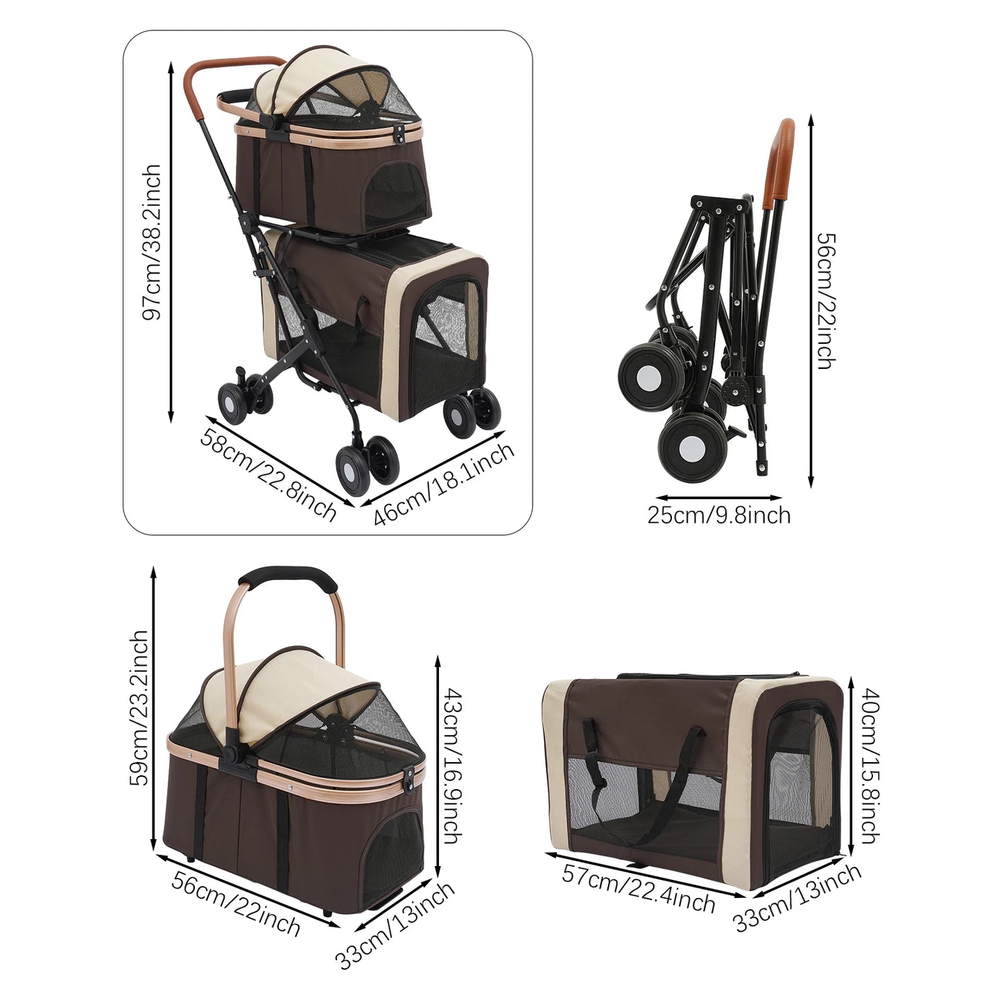 Double-Tier Foldable Pet Stroller – Detachable Dog & Cat Stroller for Small & Medium Pets