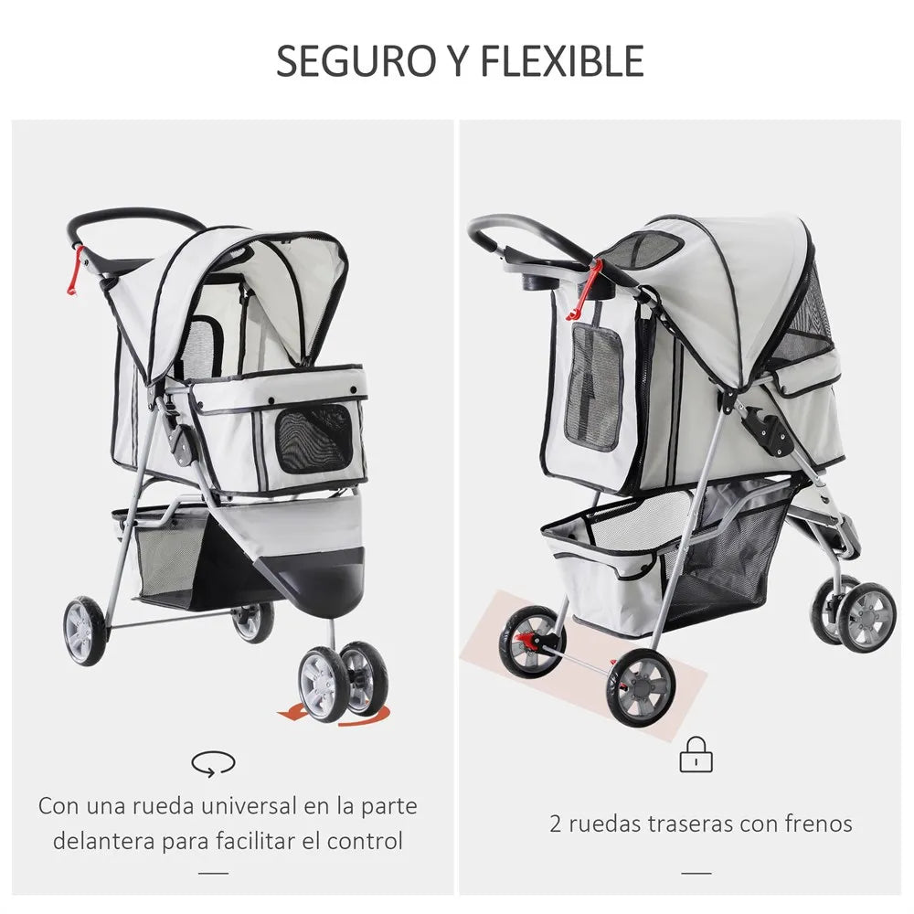 PawHut Foldable Pet Pram – Grey Dog & Cat Cart with Wheels 75x45x97 cm