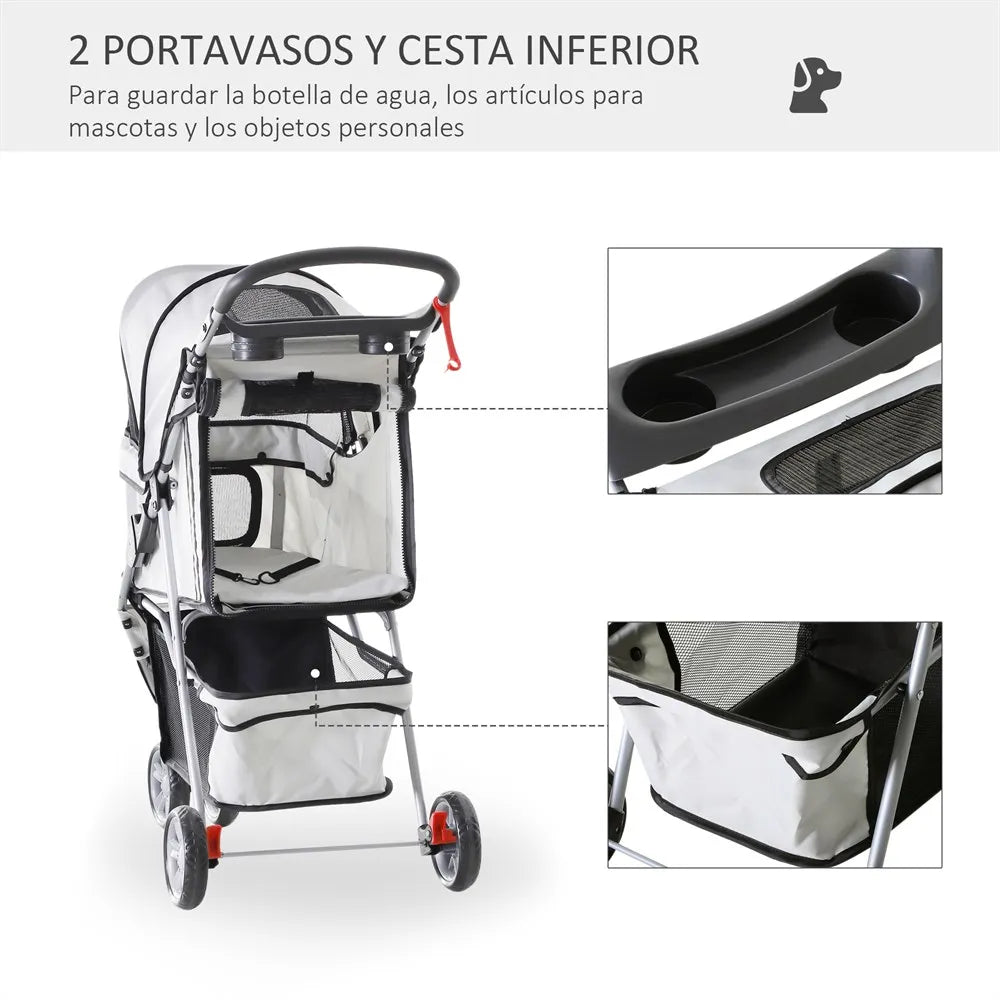 PawHut Foldable Pet Pram – Grey Dog & Cat Cart with Wheels 75x45x97 cm
