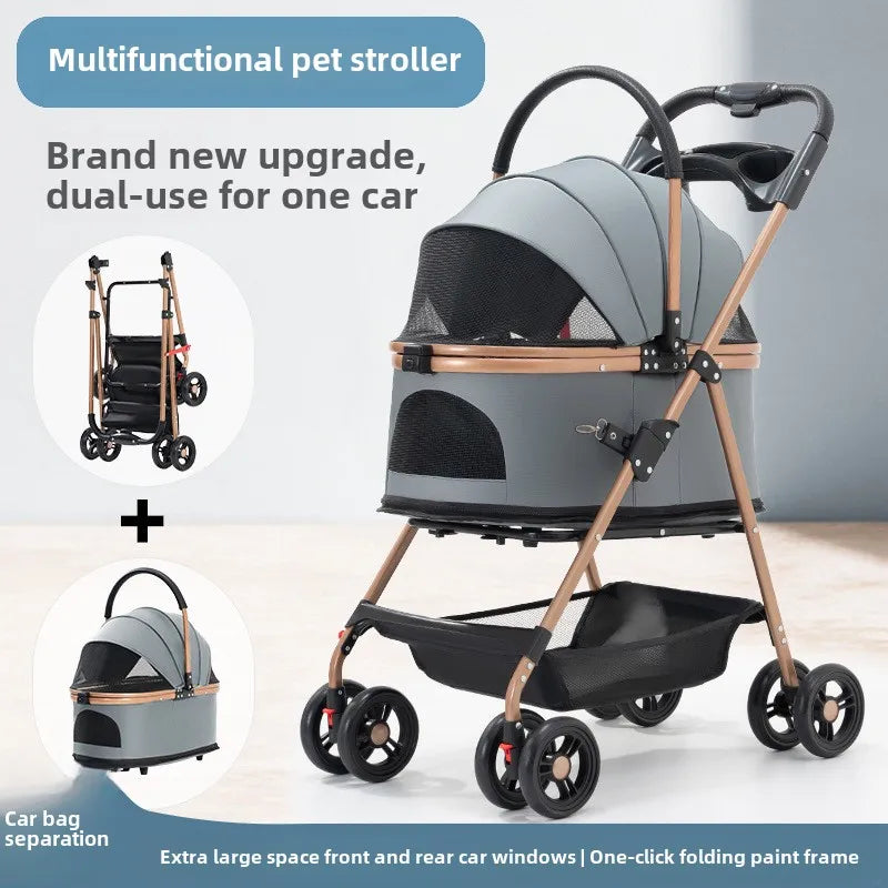 3-in-1 Folding Pet Stroller – Detachable Carrier with Easy Lock Canopy for Dogs & Cats (Up to 30 lbs)
