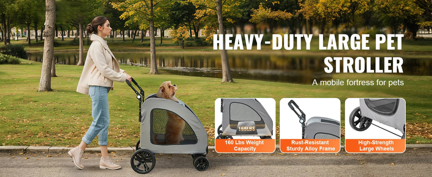 SucceBuy 160lbs Heavy-Duty Pet Stroller – 4 Wheels, Height-Adjustable Dog Stroller with Brakes (Dark Grey)