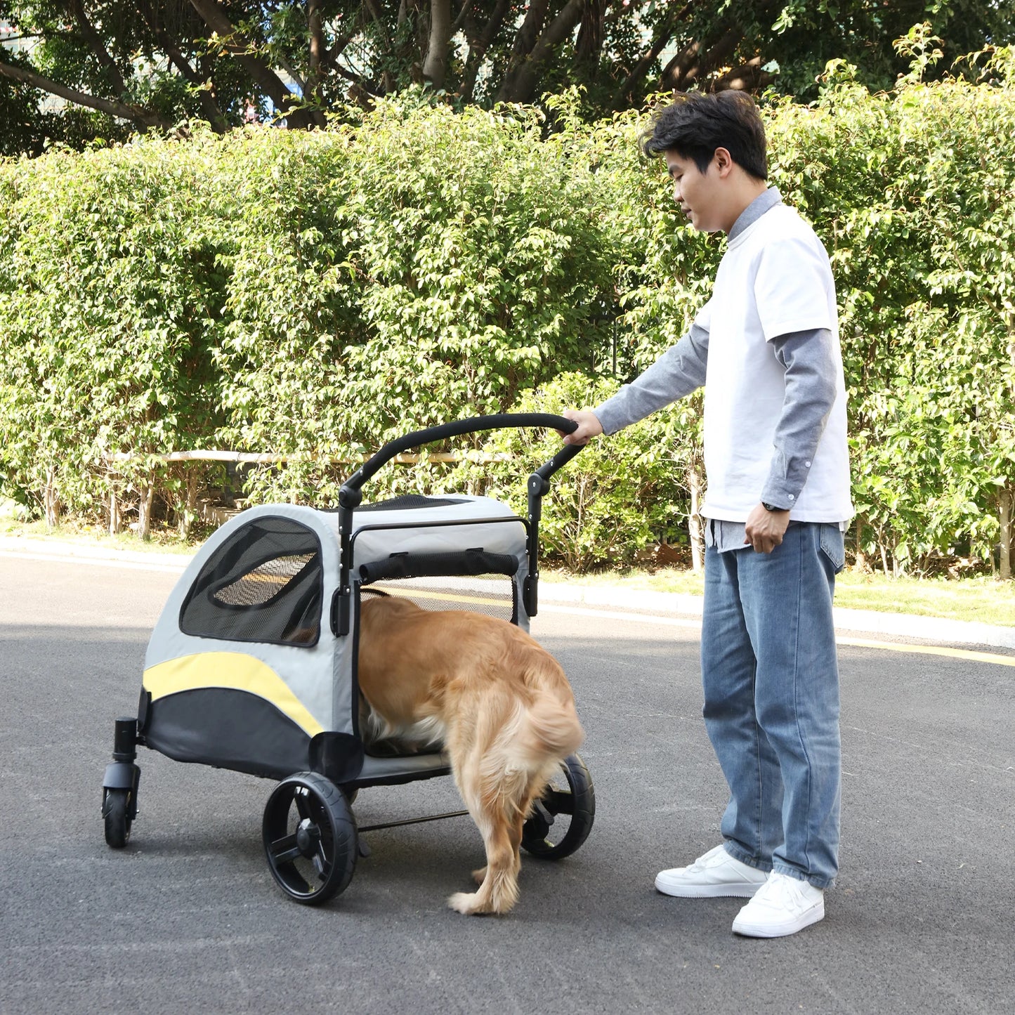 Portable Foldable Pet Stroller – 4-Wheel Breathable Carrier for Large Dogs & Cats