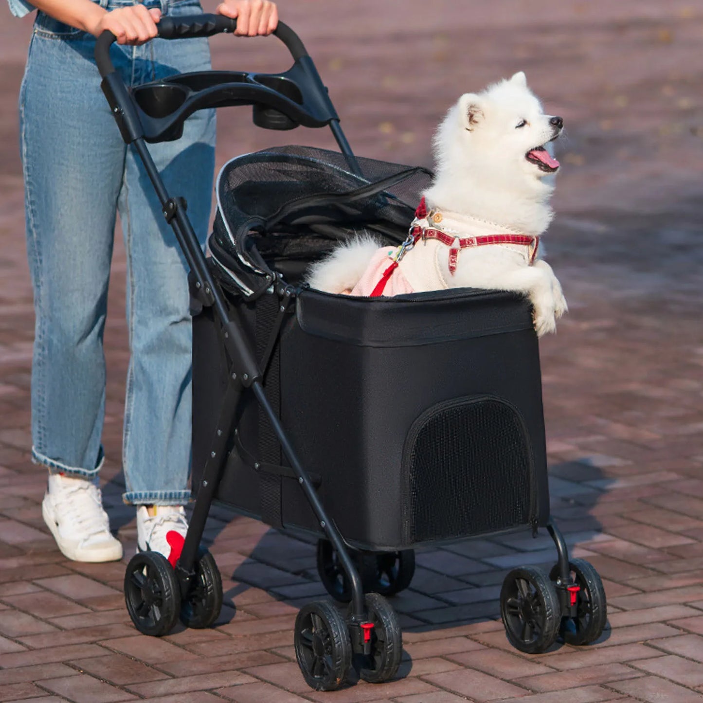 Foldable Pet Stroller – One-Click Folding Dog & Cat Wagon with Sunshade and Cup Holder
