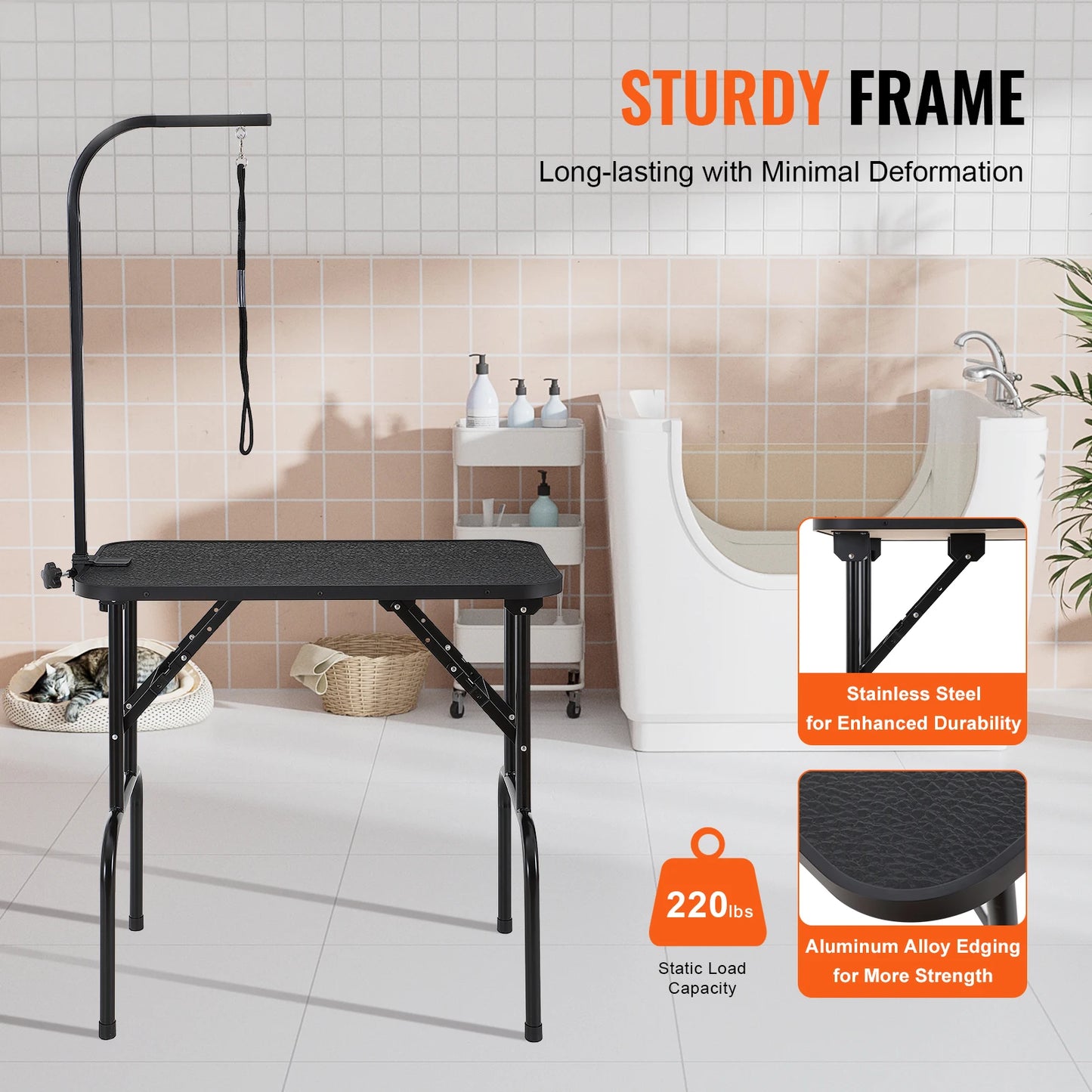 SucceBuy Foldable Pet Grooming Table with Double Arms & Clamp – Adjustable Dog Grooming Stand for Small & Medium Pets