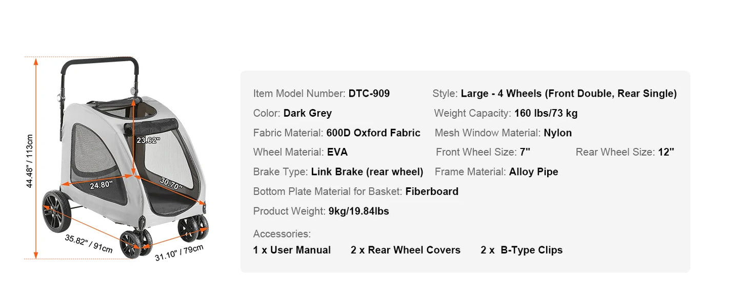 SucceBuy 160lbs Heavy-Duty Pet Stroller – 4 Wheels, Height-Adjustable Dog Stroller with Brakes (Dark Grey)