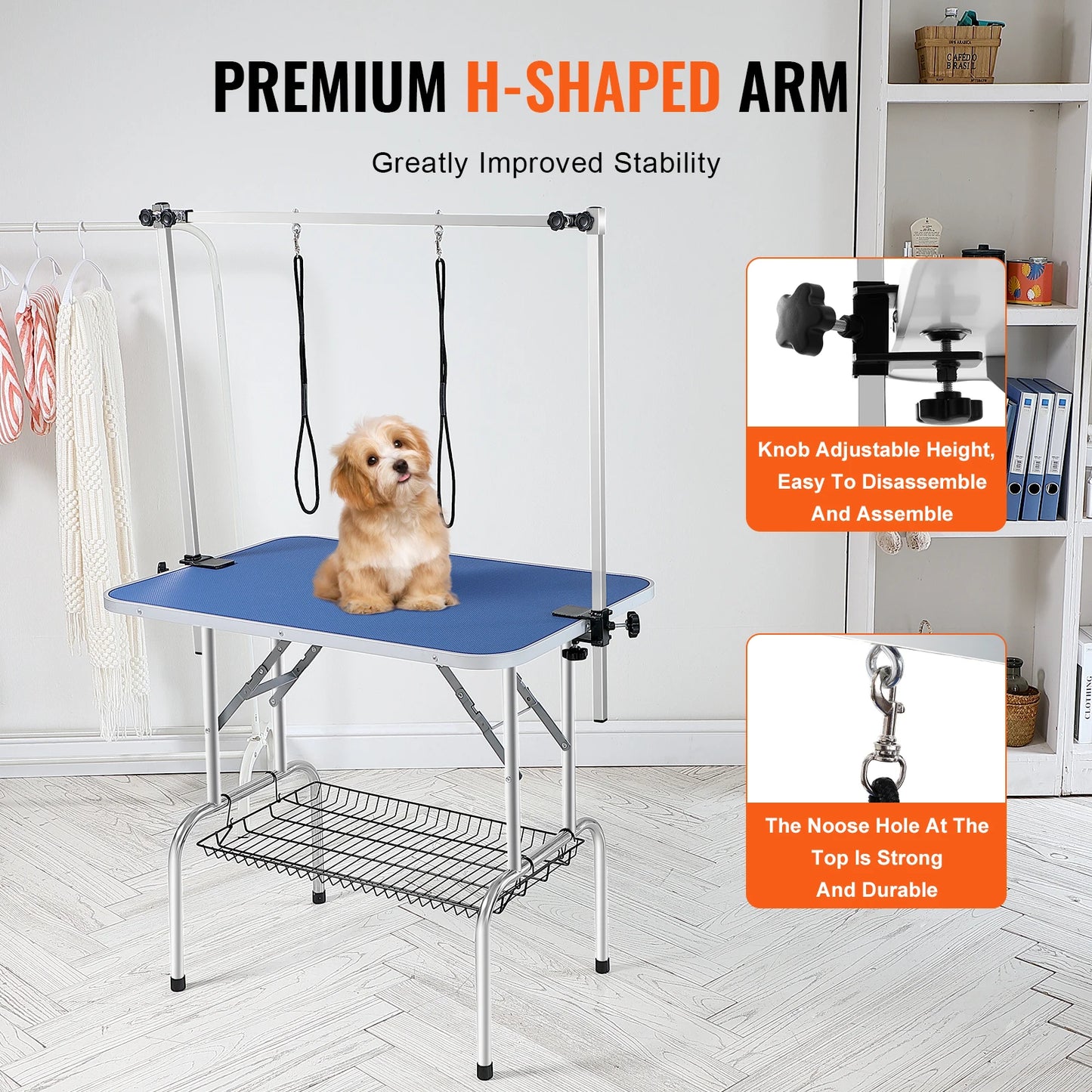 SucceBuy Foldable Pet Grooming Table with Double Arms & Clamp – Adjustable Dog Grooming Stand for Small & Medium Pets