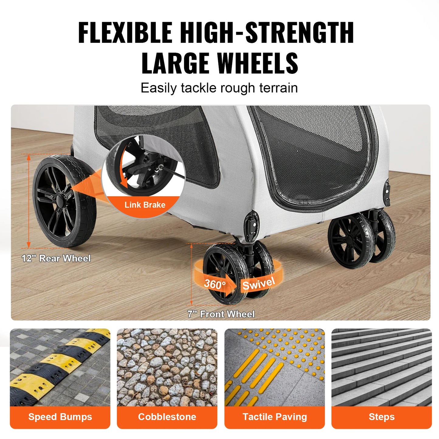 SucceBuy 160lbs Heavy-Duty Pet Stroller – 4 Wheels, Height-Adjustable Dog Stroller with Brakes (Dark Grey)