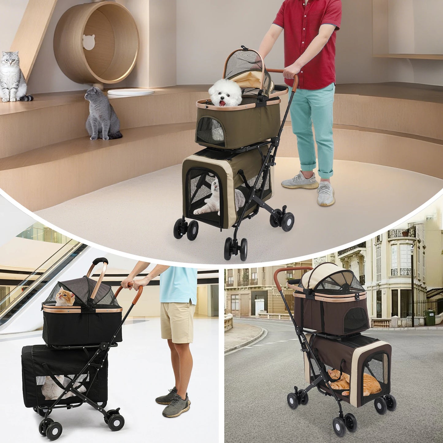 Double-Tier Foldable Pet Stroller – Detachable Dog & Cat Stroller for Small & Medium Pets