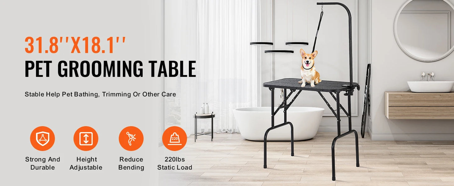 SucceBuy Foldable Pet Grooming Table with Double Arms & Clamp – Adjustable Dog Grooming Stand for Small & Medium Pets