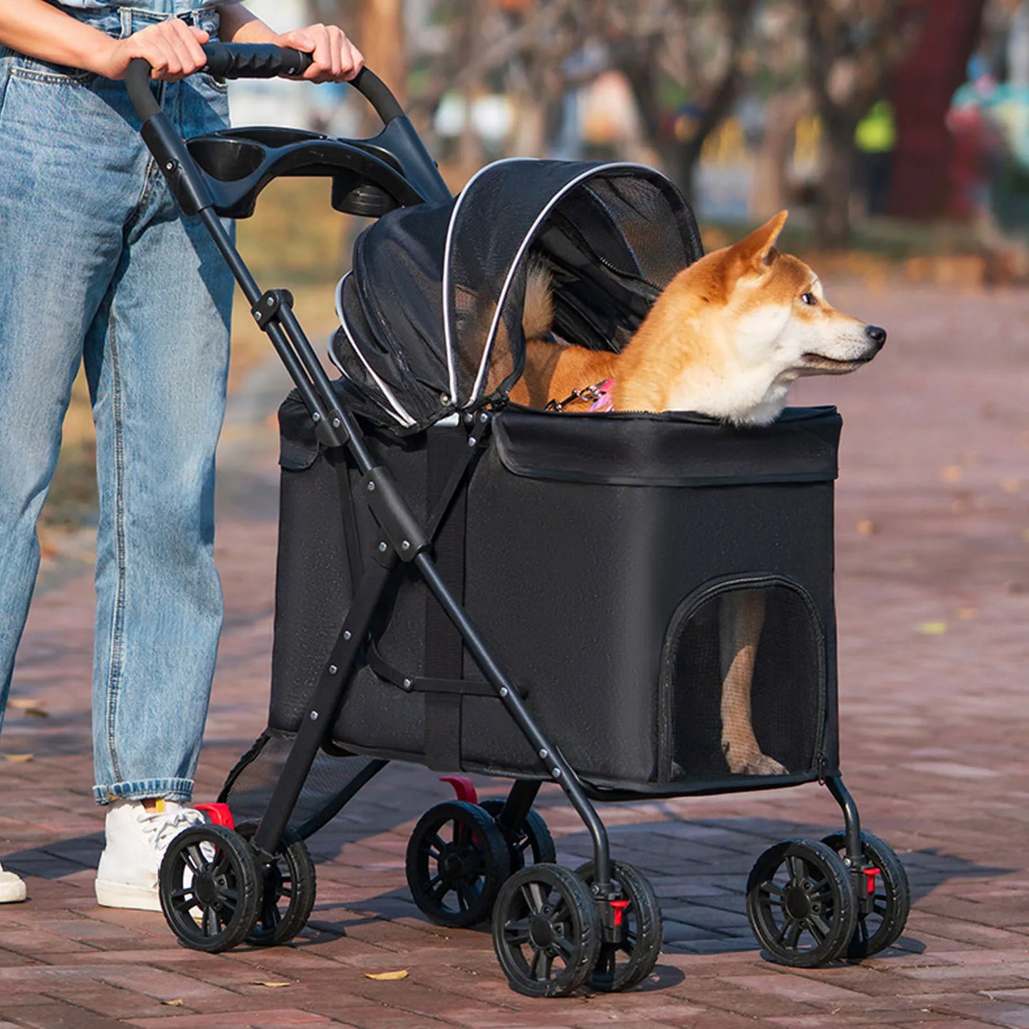 Foldable Pet Stroller – One-Click Folding Dog & Cat Wagon with Sunshade and Cup Holder