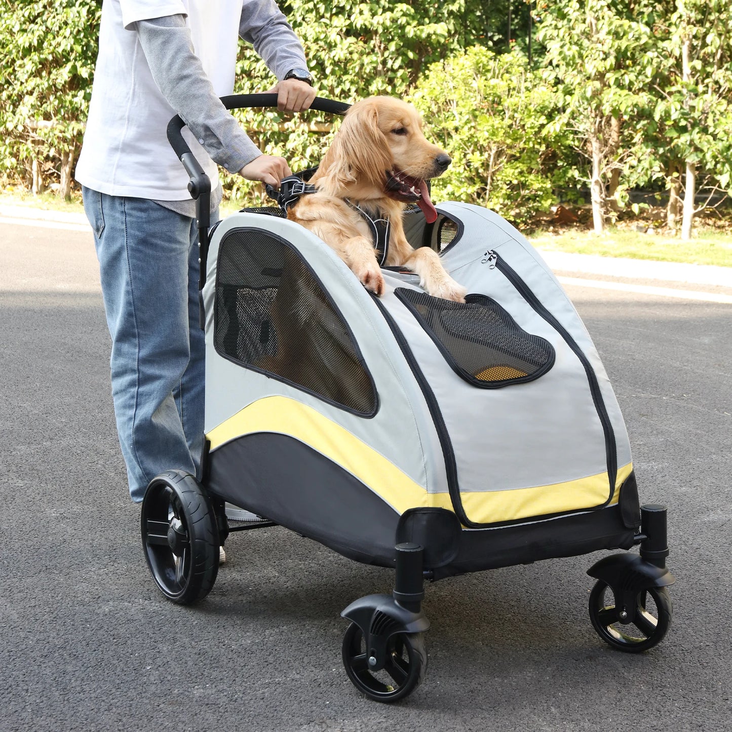 Portable Foldable Pet Stroller – 4-Wheel Breathable Carrier for Large Dogs & Cats