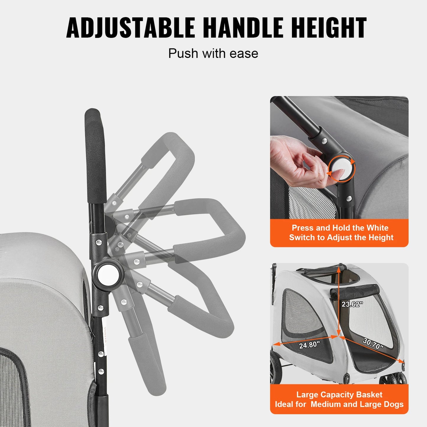 SucceBuy 160lbs Heavy-Duty Pet Stroller – 4 Wheels, Height-Adjustable Dog Stroller with Brakes (Dark Grey)