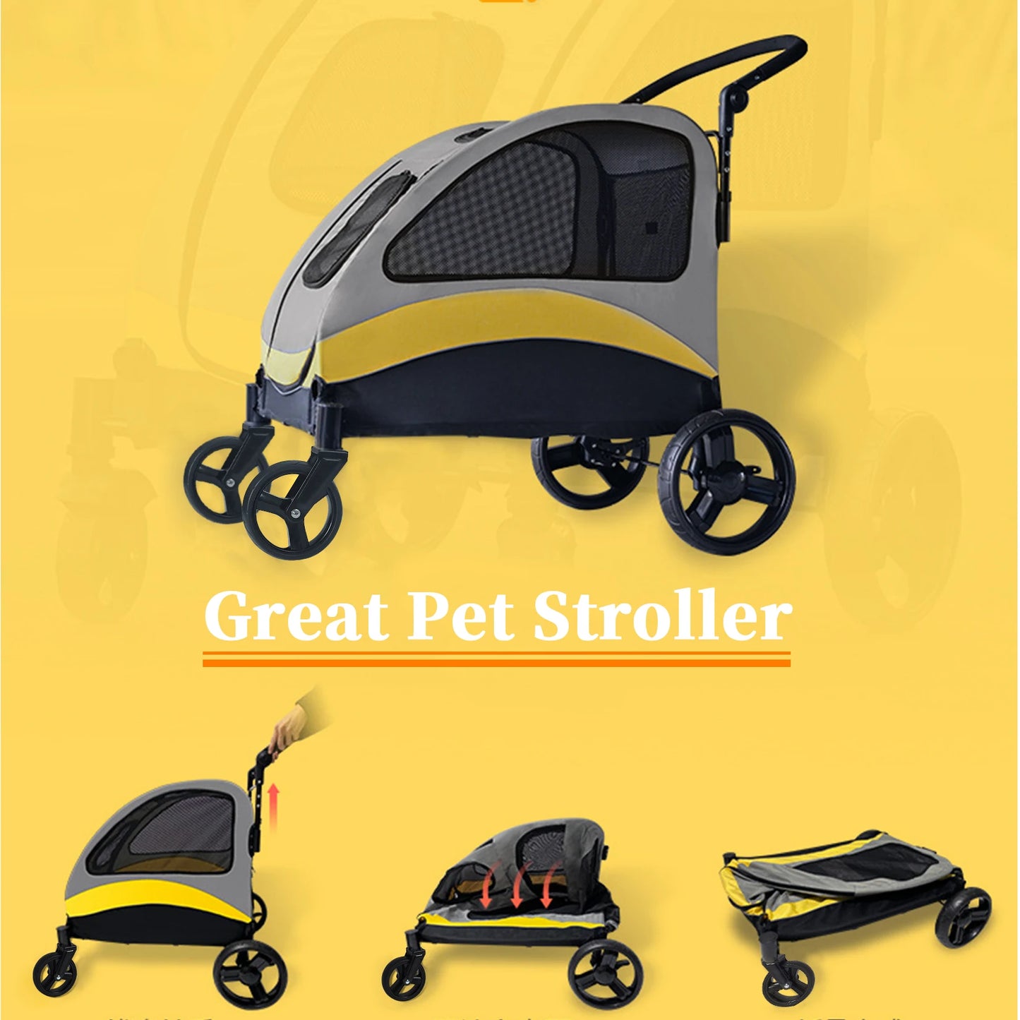 Portable Foldable Pet Stroller – 4-Wheel Breathable Carrier for Large Dogs & Cats