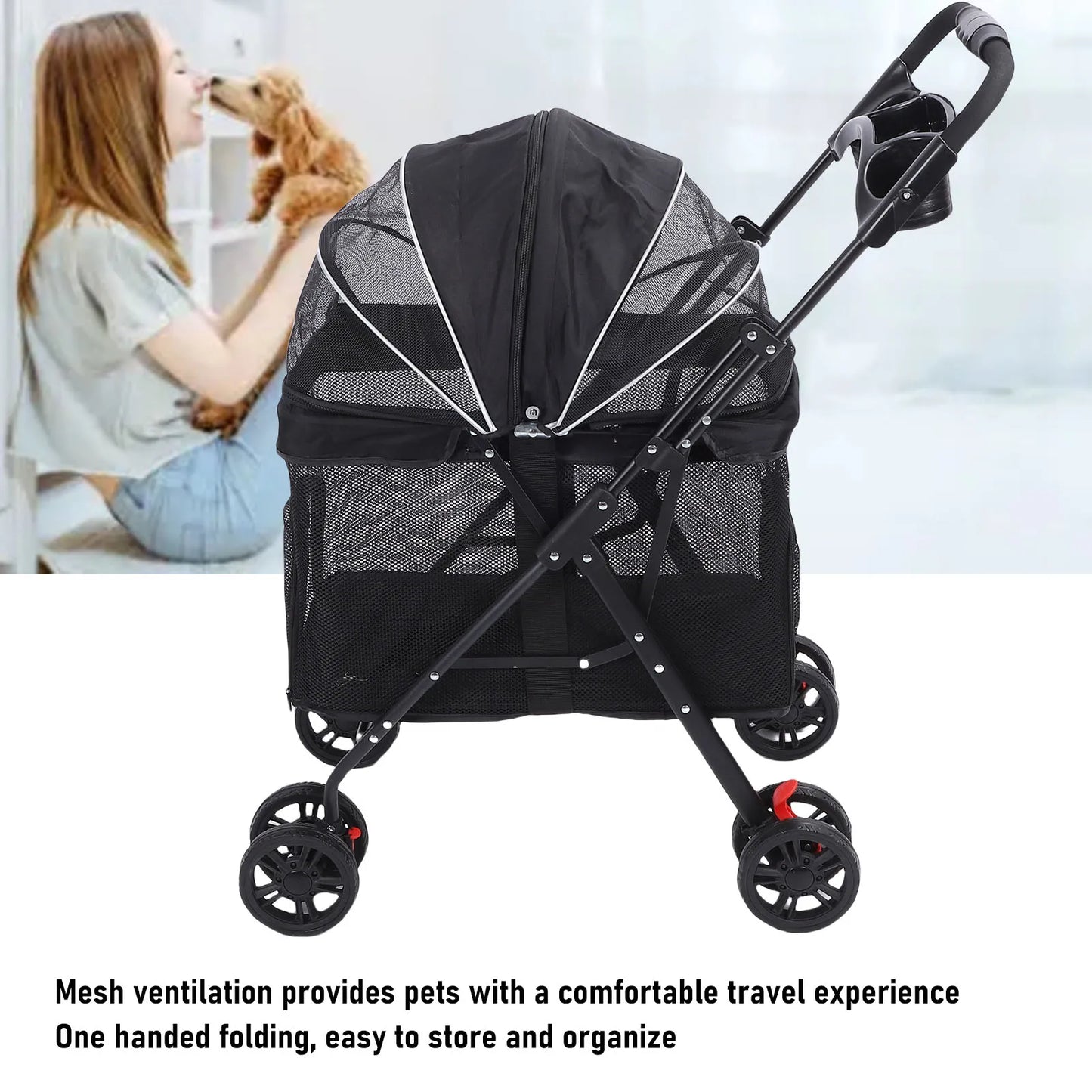 Foldable Pet Stroller – One-Click Folding Dog & Cat Wagon with Sunshade and Cup Holder