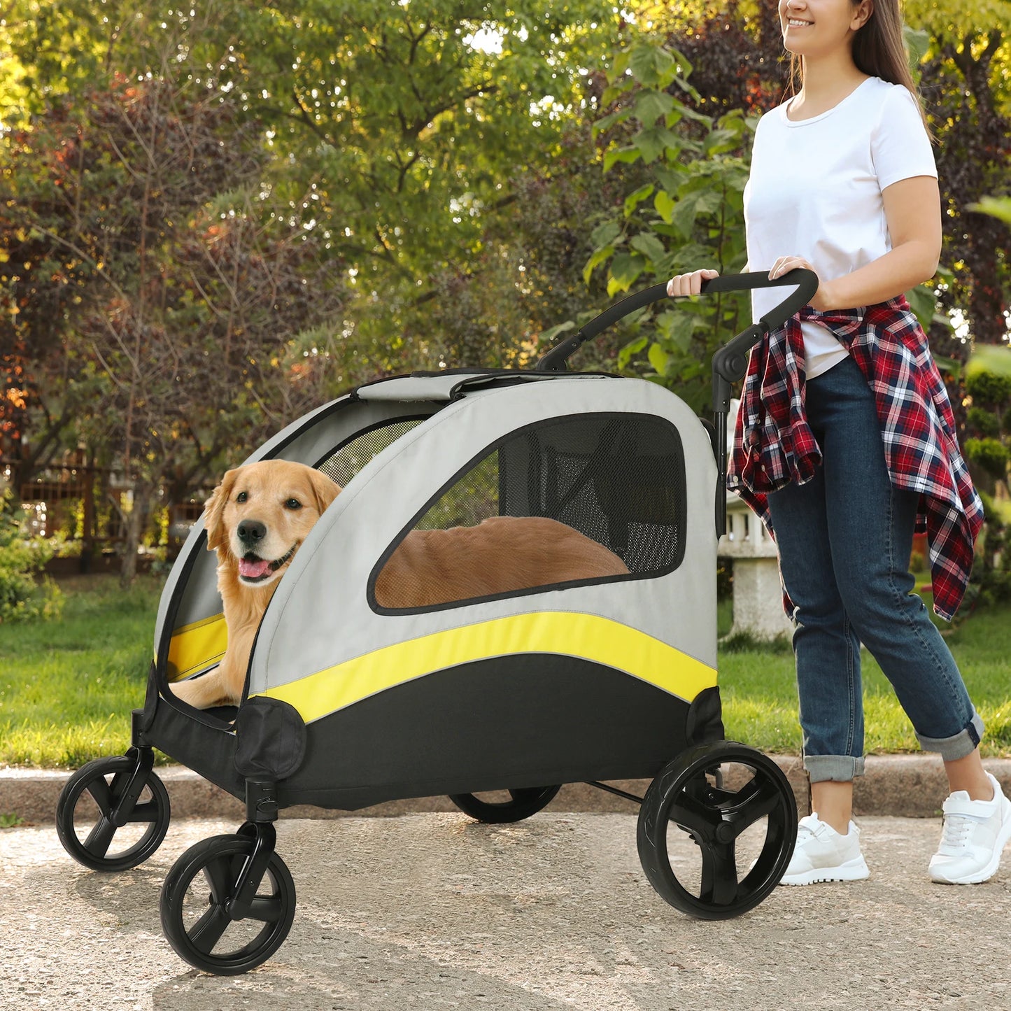 Portable Foldable Pet Stroller – 4-Wheel Breathable Carrier for Large Dogs & Cats