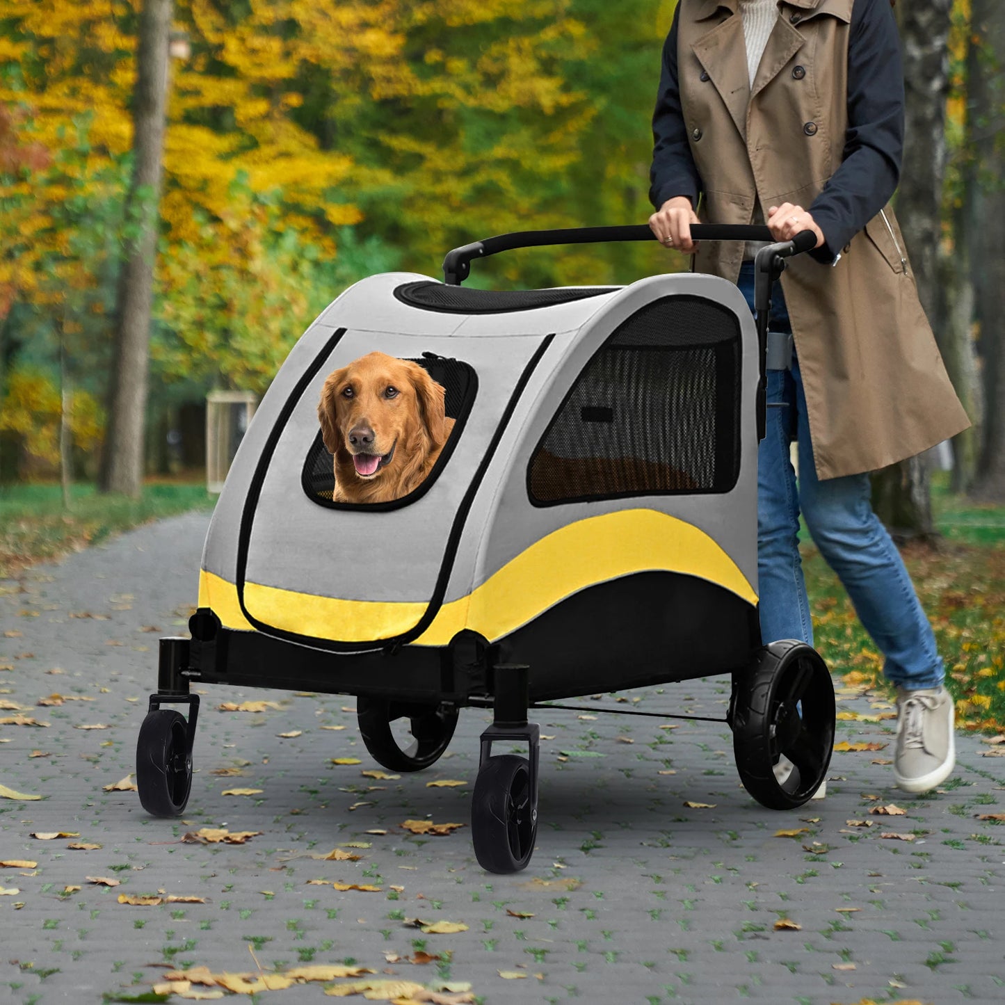 Portable Foldable Pet Stroller – 4-Wheel Breathable Carrier for Large Dogs & Cats