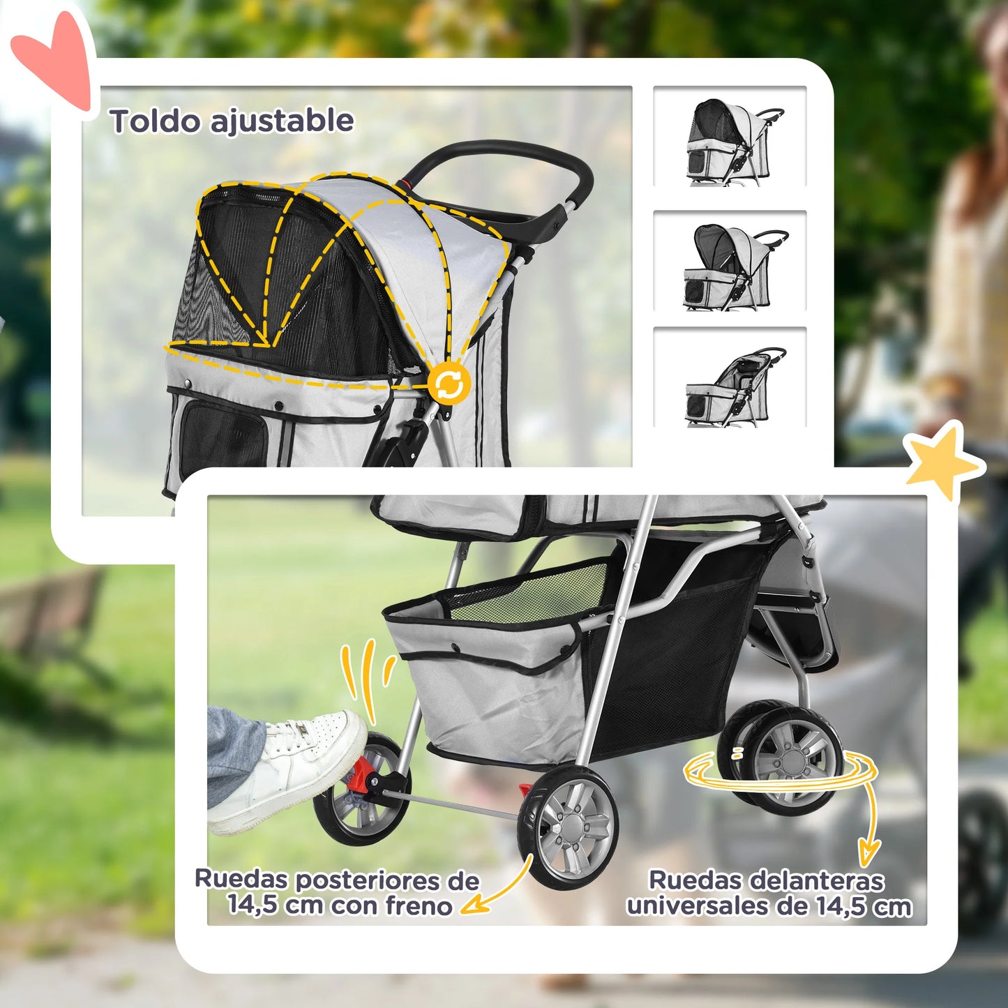 PawHut Foldable Pet Pram – Grey Dog & Cat Cart with Wheels 75x45x97 cm