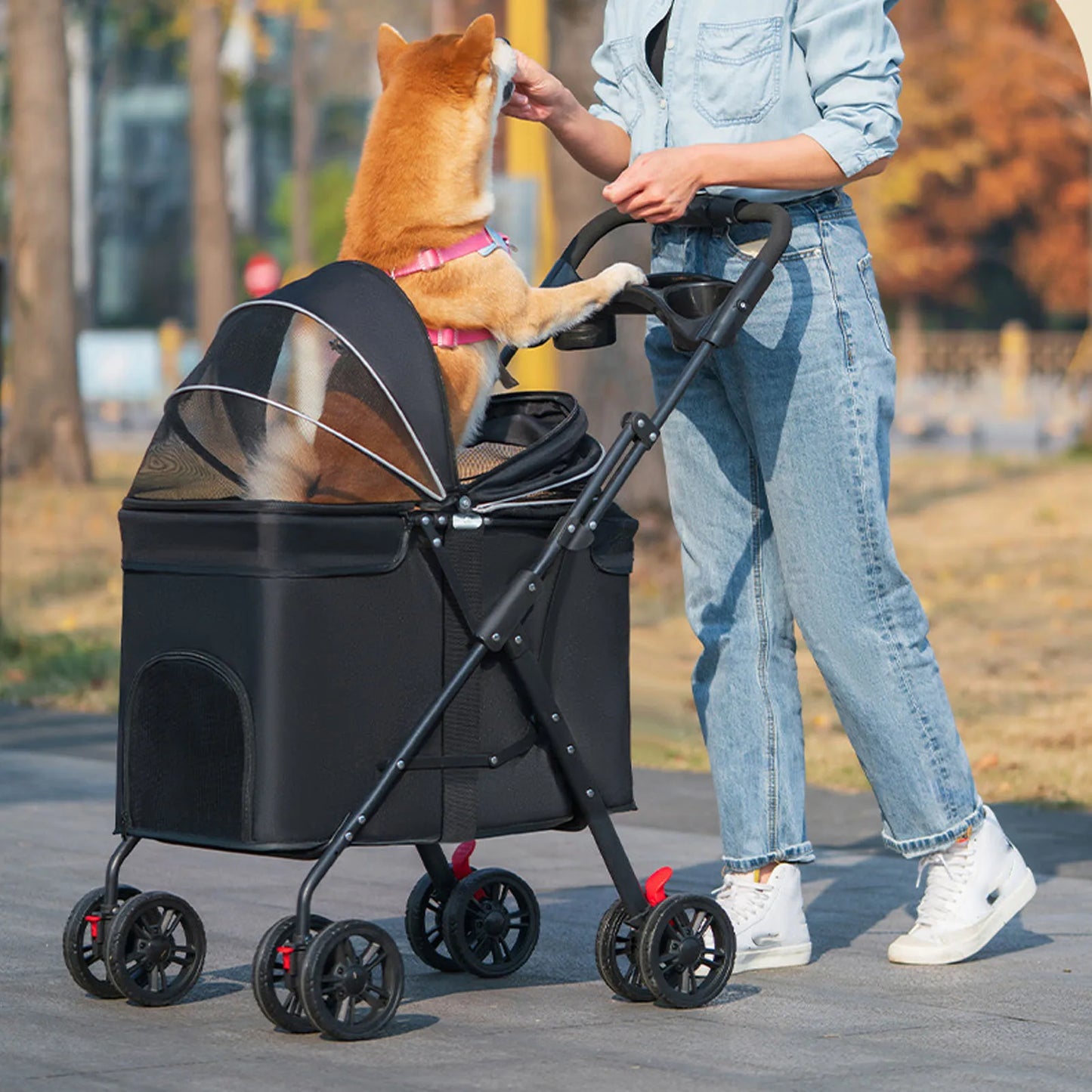 Foldable Pet Stroller – One-Click Folding Dog & Cat Wagon with Sunshade and Cup Holder
