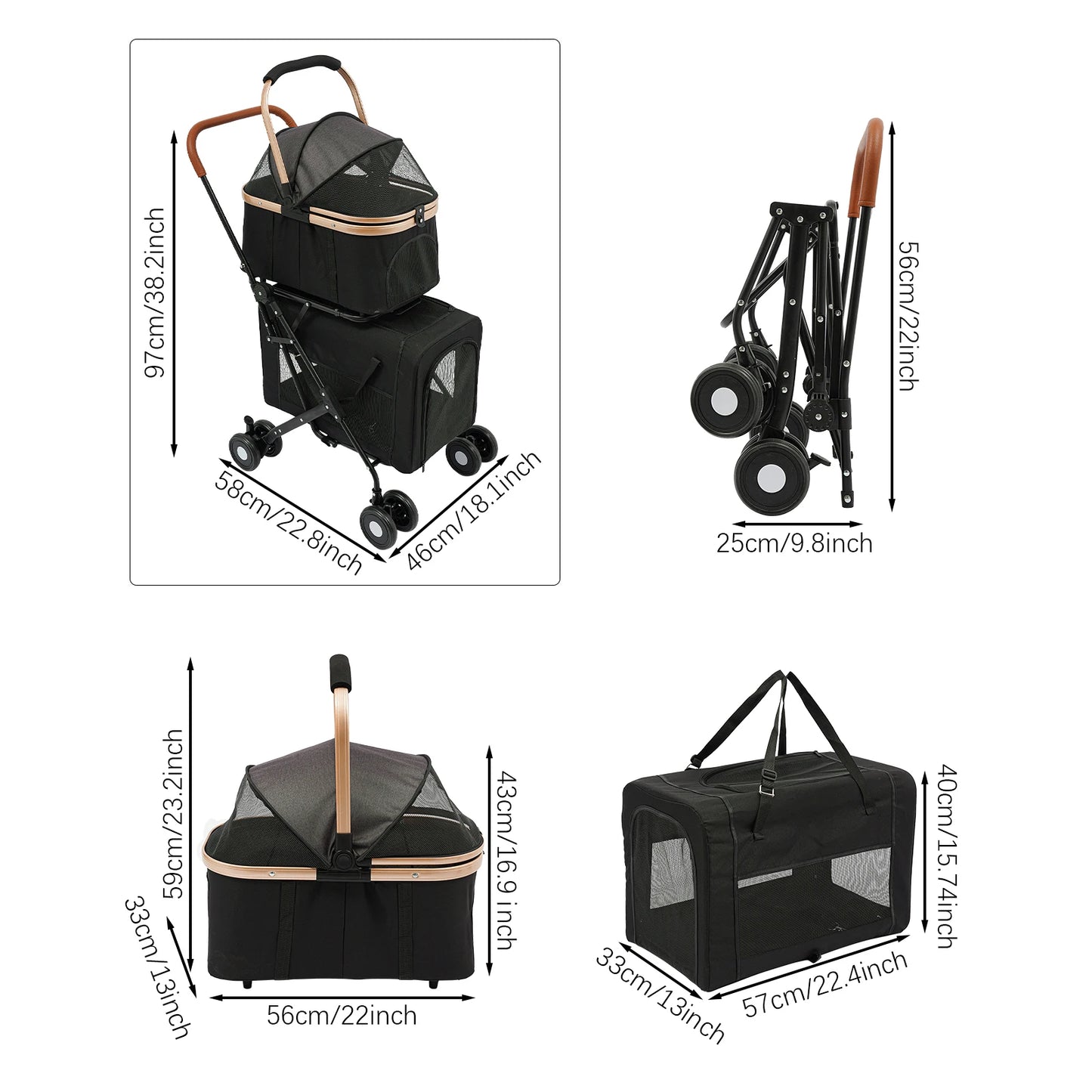 Double-Tier Foldable Pet Stroller – Detachable Dog & Cat Stroller for Small & Medium Pets