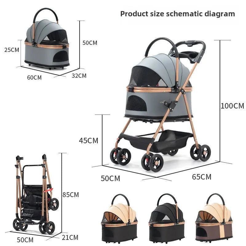 3-in-1 Folding Pet Stroller – Detachable Carrier with Easy Lock Canopy for Dogs & Cats (Up to 30 lbs)