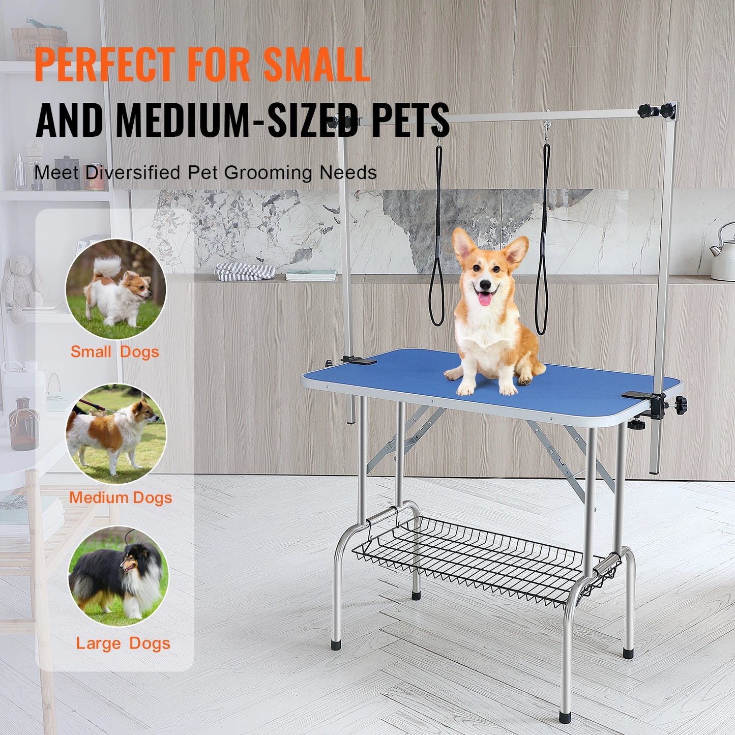SucceBuy Foldable Pet Grooming Table with Double Arms & Clamp – Adjustable Dog Grooming Stand for Small & Medium Pets