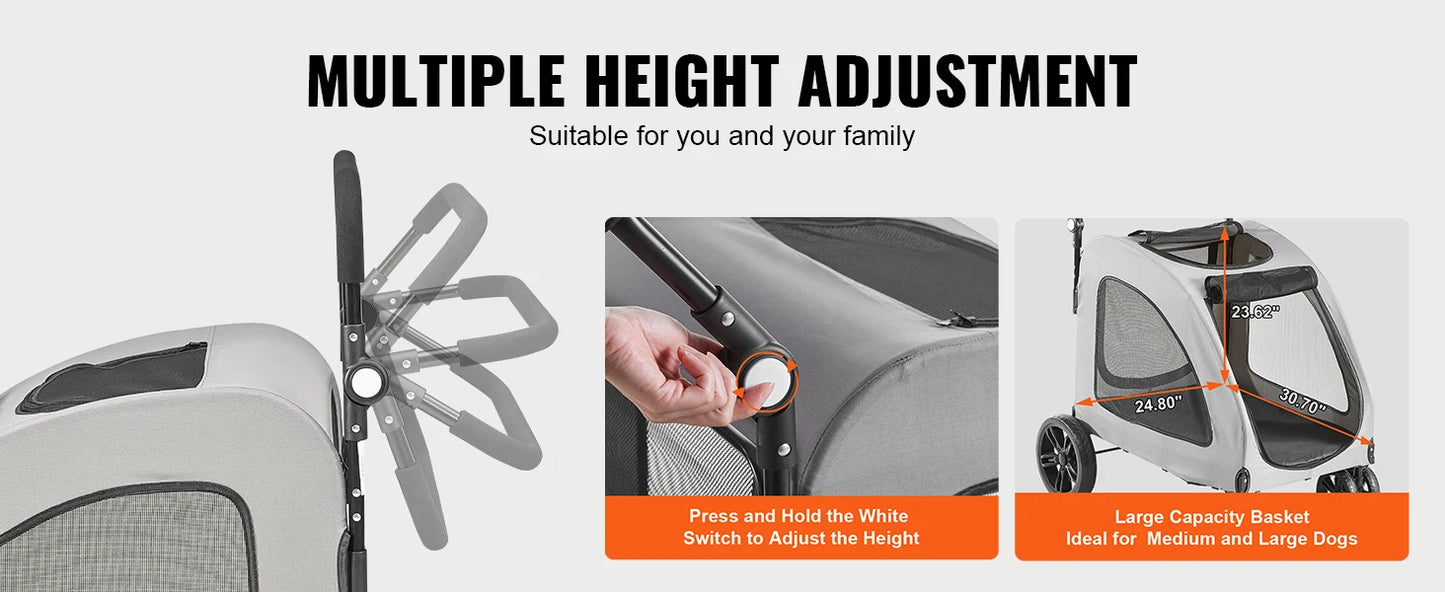 SucceBuy 160lbs Heavy-Duty Pet Stroller – 4 Wheels, Height-Adjustable Dog Stroller with Brakes (Dark Grey)