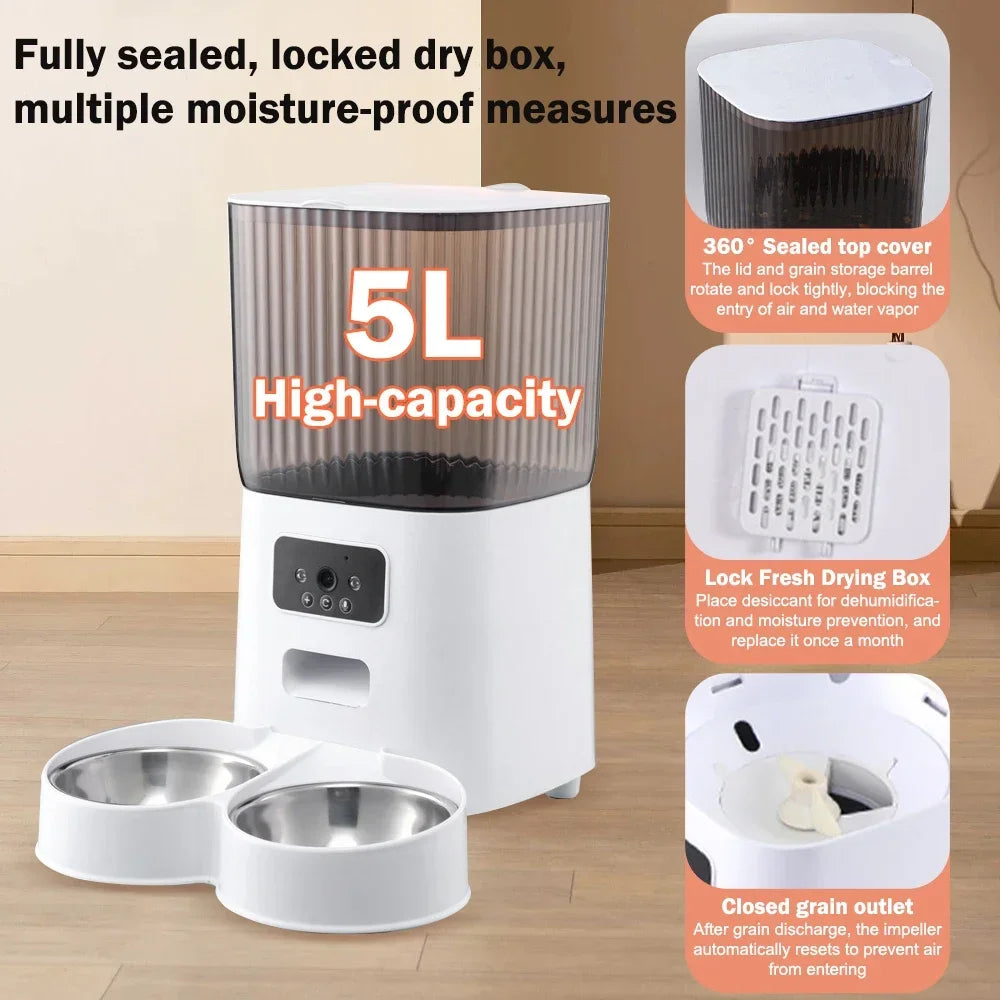 5L Smart Automatic Pet Feeder with HD Camera & WiFi – Dog & Cat Food Dispenser with Timer & Stainless Steel Bowl