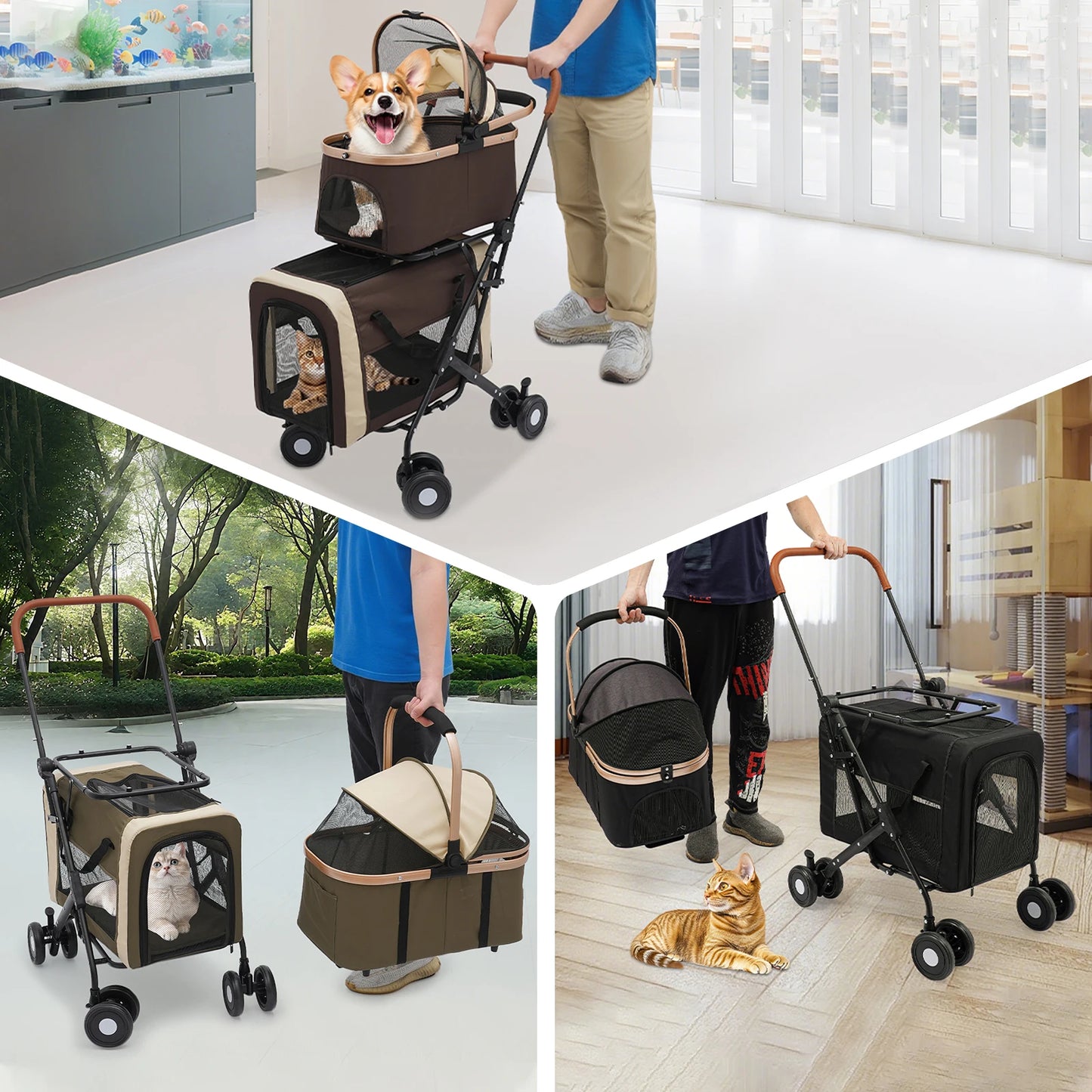 Double-Tier Foldable Pet Stroller – Detachable Dog & Cat Stroller for Small & Medium Pets