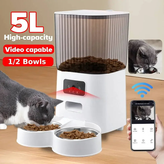 5L Smart Automatic Pet Feeder with HD Camera & WiFi – Dog & Cat Food Dispenser with Timer & Stainless Steel Bowl