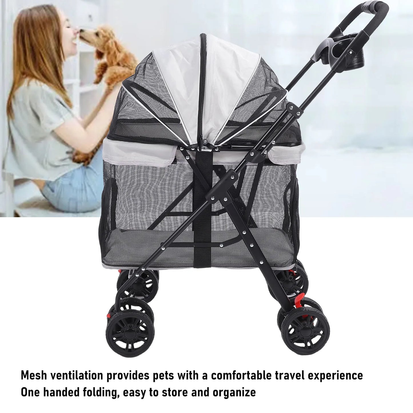 Foldable Pet Stroller – One-Click Folding Dog & Cat Wagon with Sunshade and Cup Holder
