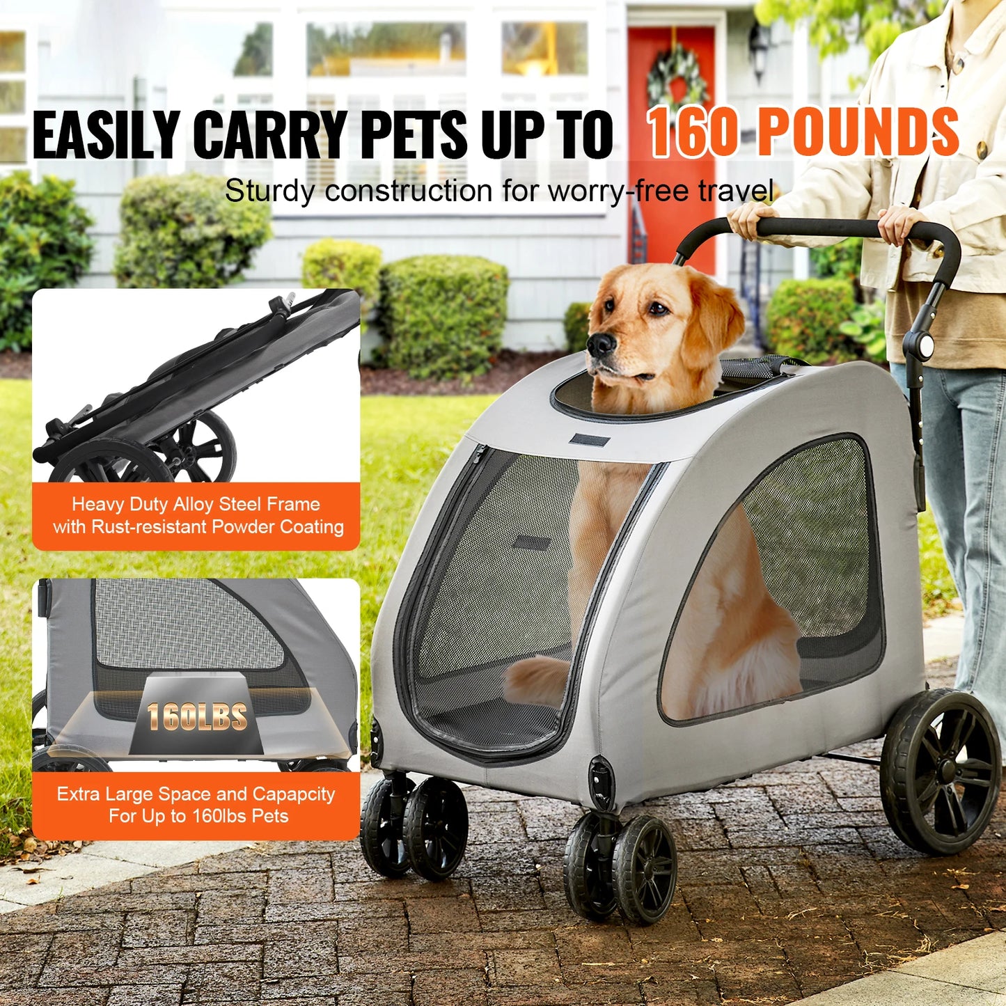 SucceBuy 160lbs Heavy-Duty Pet Stroller – 4 Wheels, Height-Adjustable Dog Stroller with Brakes (Dark Grey)