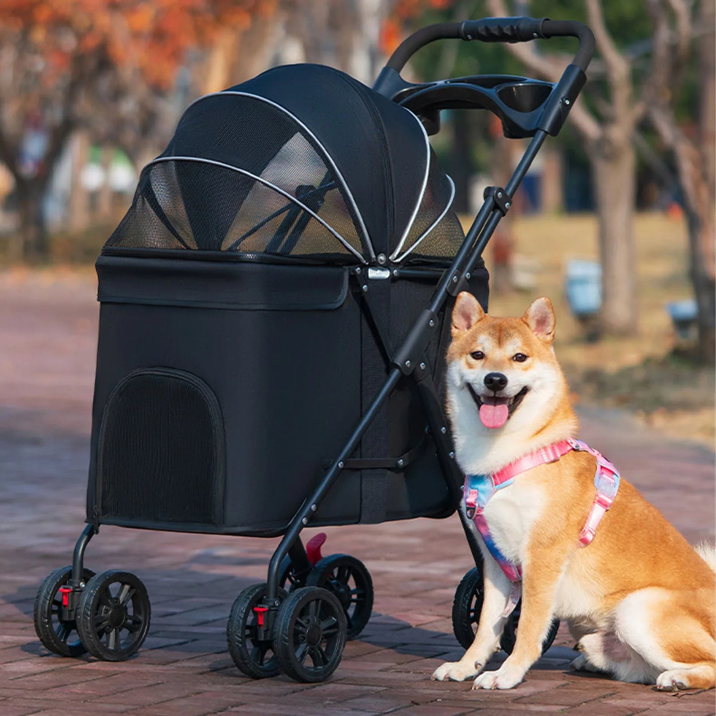 Foldable Pet Stroller – One-Click Folding Dog & Cat Wagon with Sunshade and Cup Holder