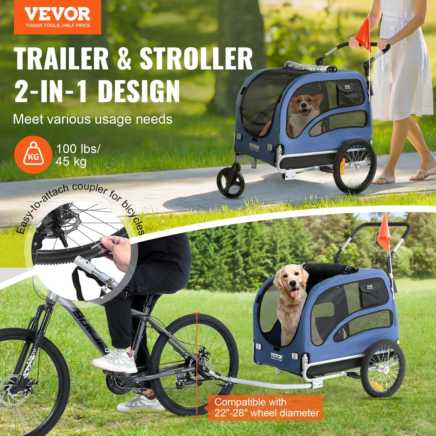 SucceBuy 2-in-1 Dog Bike Trailer & Pet Stroller – 100 lbs Bicycle Carrier with Wheels, Coupler, and Safety Flag