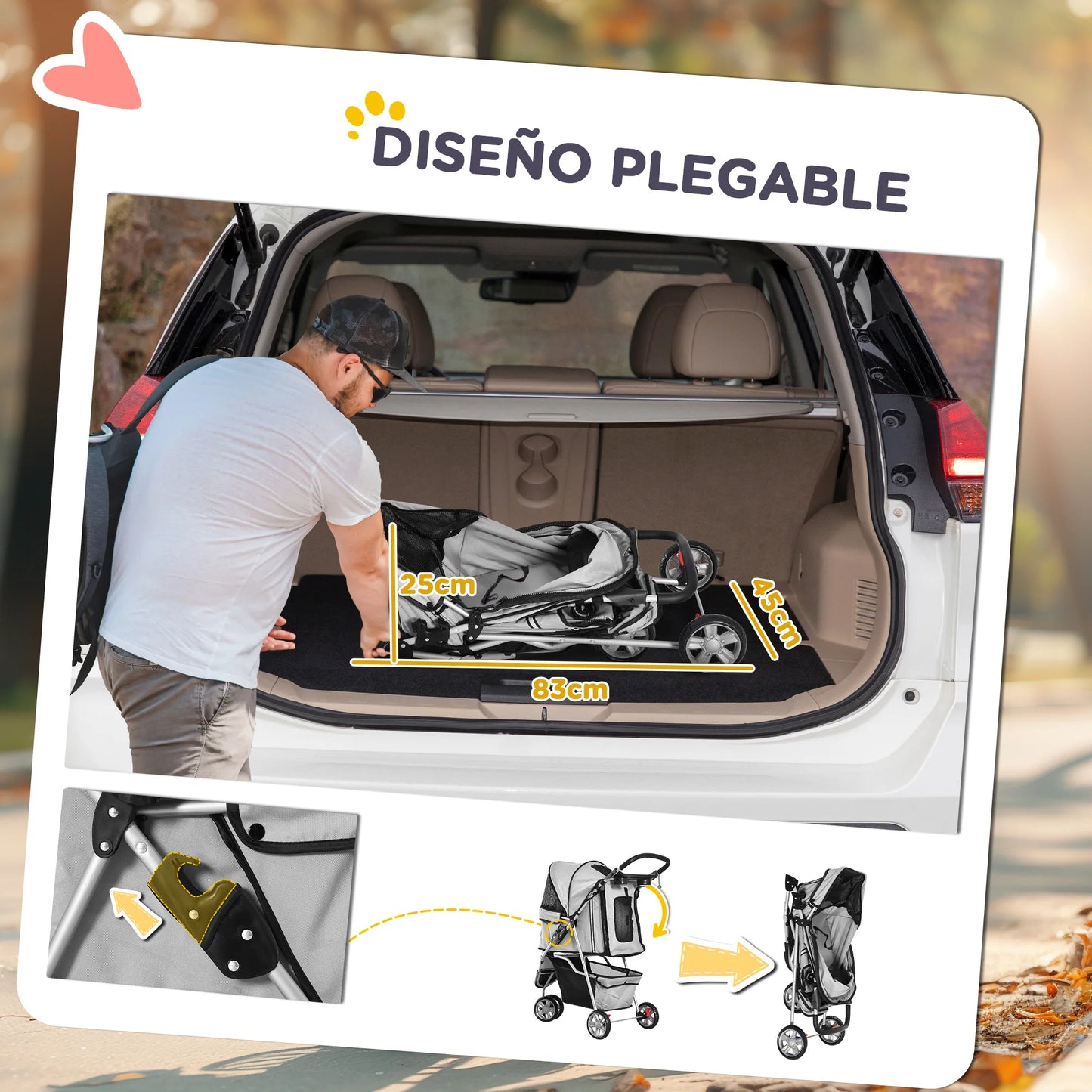 PawHut Foldable Pet Pram – Grey Dog & Cat Cart with Wheels 75x45x97 cm