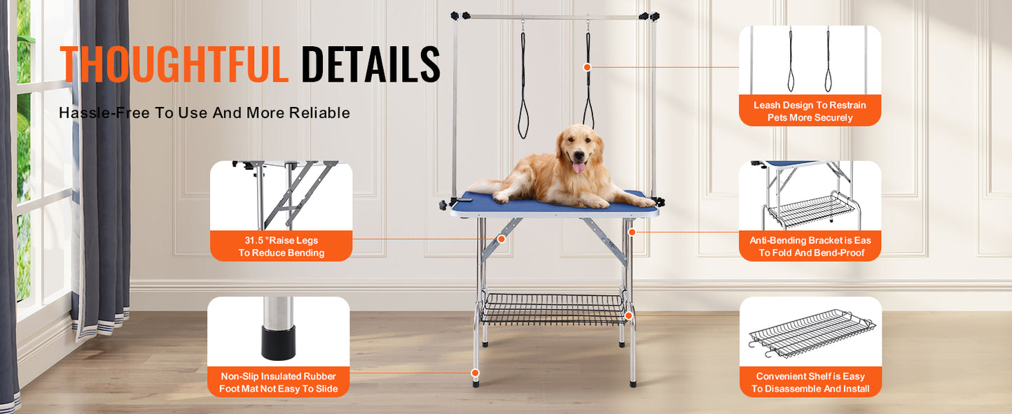 SucceBuy Foldable Pet Grooming Table with Double Arms & Clamp – Adjustable Dog Grooming Stand for Small & Medium Pets