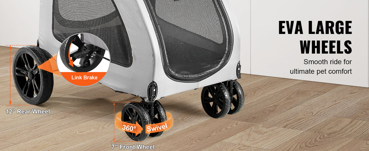 SucceBuy 160lbs Heavy-Duty Pet Stroller – 4 Wheels, Height-Adjustable Dog Stroller with Brakes (Dark Grey)