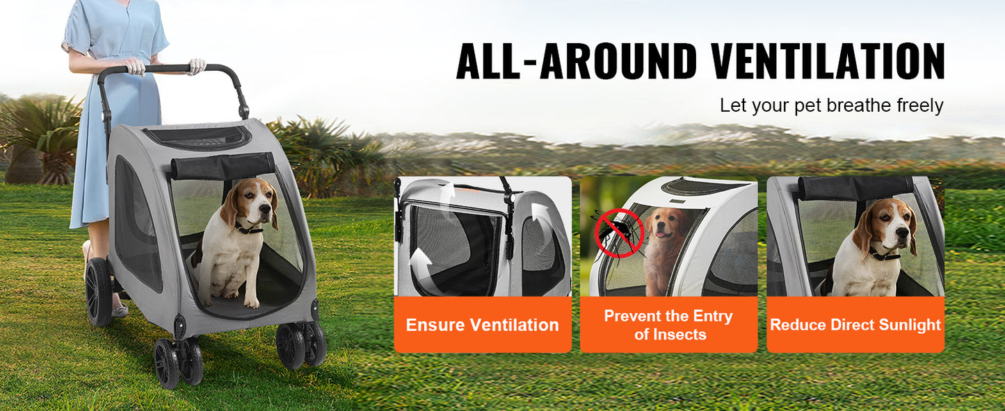 SucceBuy 160lbs Heavy-Duty Pet Stroller – 4 Wheels, Height-Adjustable Dog Stroller with Brakes (Dark Grey)